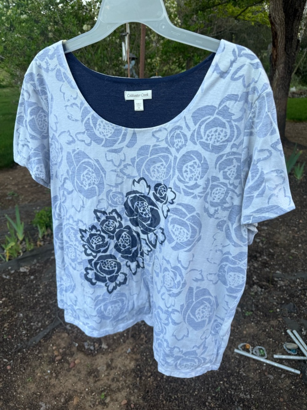 Coldwater Creek Light Blue Floral Scoop Neck Tee with Navy Rose Accent